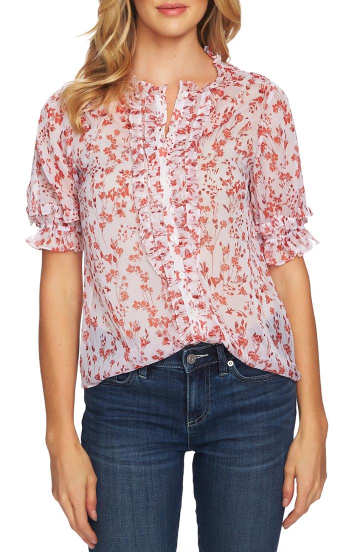 Women's Cece Heirloom Floret Ruffle Detail Top - Ivory