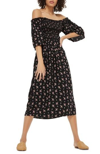 Women's Topshop Shirred Bell Sleeve Midi Dress Us (fits Like 0) - Black