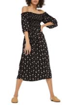 Women's Topshop Shirred Bell Sleeve Midi Dress Us (fits Like 0) - Black
