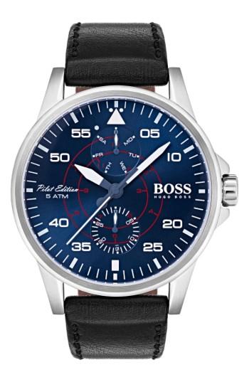 Men's Hugo Aviator Multifunction Leather Strap Watch, 44mm