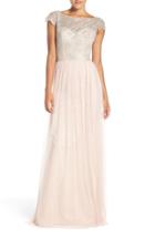 Women's Hayley Paige Occasions Cap Sleeve Metallic Lace & Tulle Gown - Pink