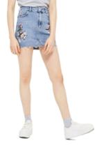 Women's Topshop Embriodered Denim Miniskirt Us (fits Like 0) - Blue
