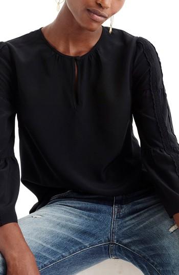 Women's J.crew Embroidered Bell Sleeve Silk Top - Black