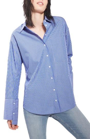 Women's Topshop Deep Cuff Stripe Shirt Us (fits Like 14) - Blue