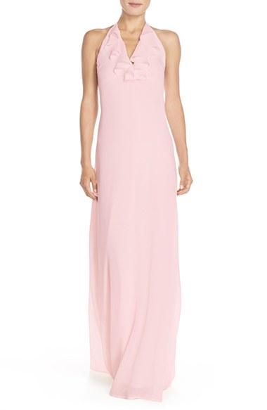 Women's Nouvelle Amsale 'daryl' Ruffle Neck Chiffon Halter Gown - Pink