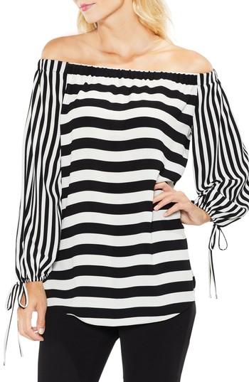 Women's Vince Camuto Off The Shoulder Even Stripe Bubble Sleeve Top, Size - Black