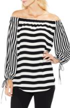 Women's Vince Camuto Off The Shoulder Even Stripe Bubble Sleeve Top, Size - Black