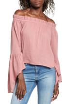 Women's Sun & Shadow Bell Sleeve Off The Shoulder Blouse - Pink