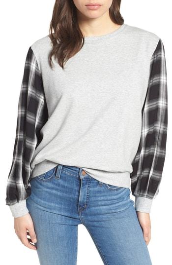 Women's Vince Camuto Plaid Sleeve Sweatshirt, Size - Grey