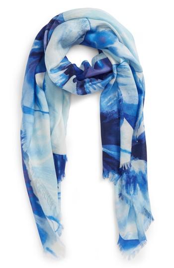 Women's Nordstrom Eyelash Trim Print Cashmere & Silk Wrap, Size - Blue