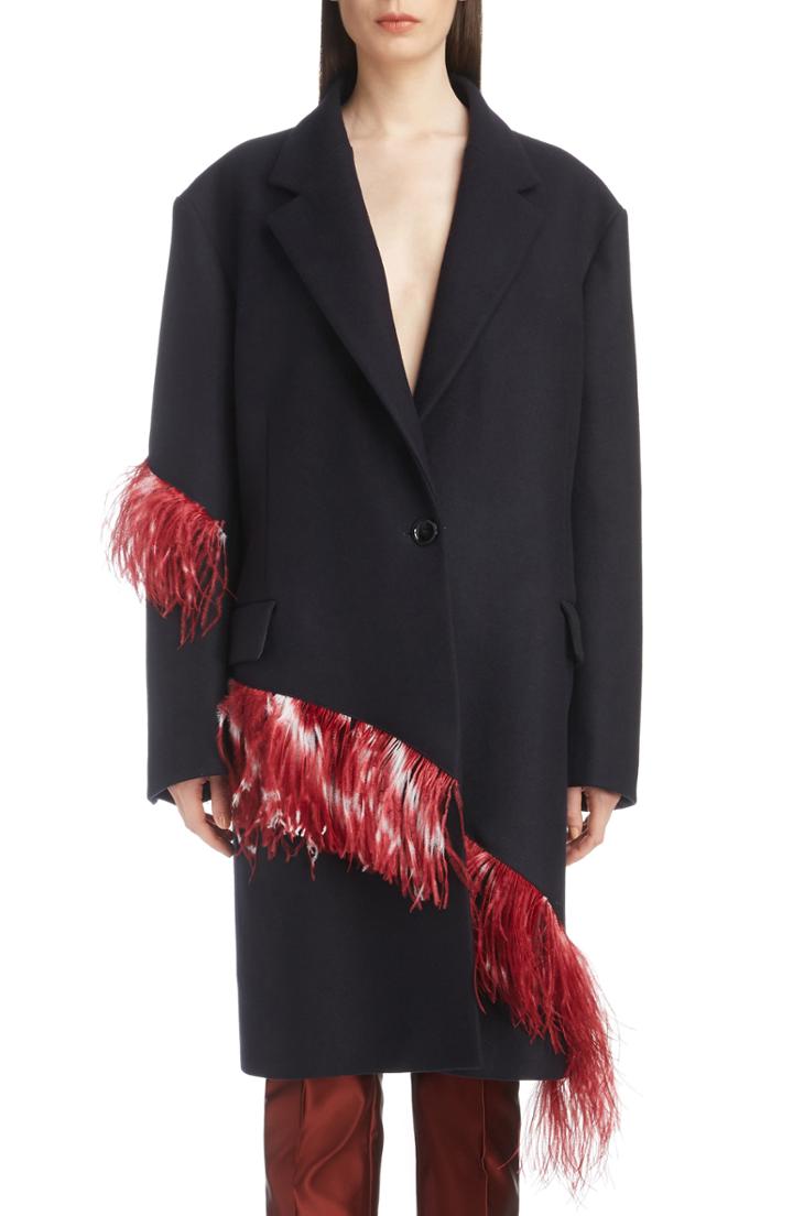 Women's Dries Van Noten Ostrich Feather Trim Wool Blend Reefer Coat Us / 38 Fr - Blue
