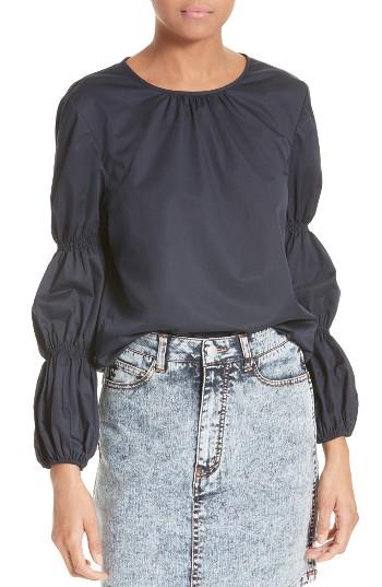 Women's Tibi Satin Poplin Smocked Sleeve Top