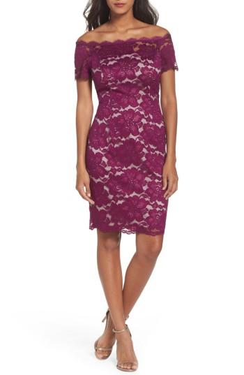 Petite Women's Adrianna Papell Off The Shoulder Lace Sheath Dress P - Purple
