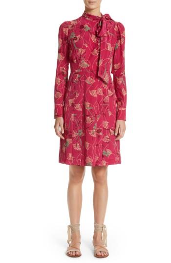 Women's Valentino Lotus Print Silk Tie Neck Dress - Pink