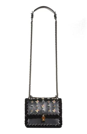 Fendi Mini Kan Beaded Flowers Calfskin Leather Shoulder Bag - Black
