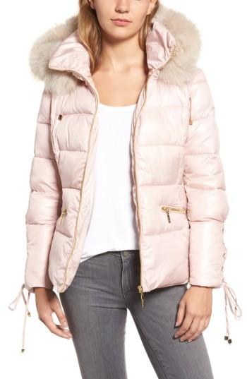 Women's Kensie Lace Sleeve Puffer Coat With Faux Fur Trim Hood - Pink