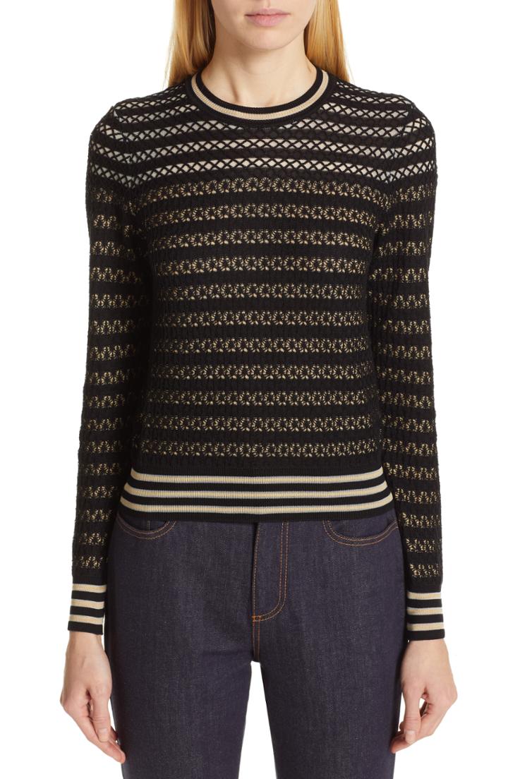Women's Fendi Stripe Lace Silk Blend Sweater Us / 48 It - Black