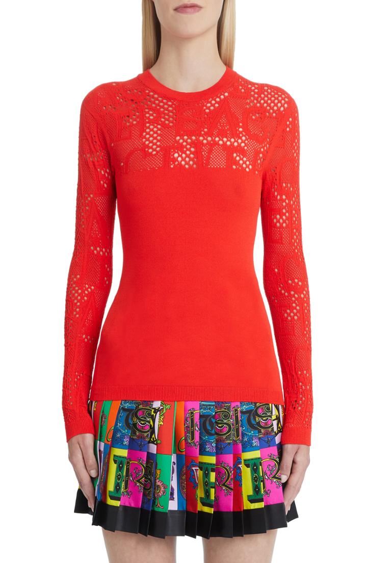 Women's Versace Logo Mesh Panel Knit Top Us / 38 It - Black