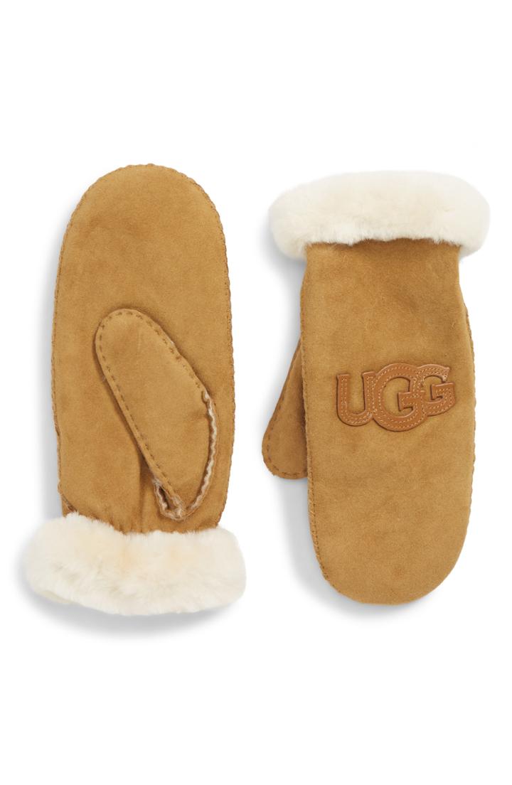 Women's Ugg Logo Genuine Shearling Mittens /x-large - Black
