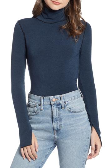 Women's Something Navy Contrast Stitch Mock Neck Top, Size - Blue