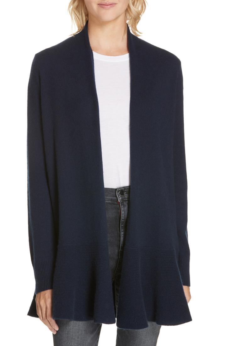 Women's Nordstrom Signature Cashmere Ruffle Hem Open Cardigan - Blue