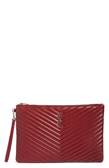 Saint Laurent Large Monogram Matelasse Leather Pouch - Ivory