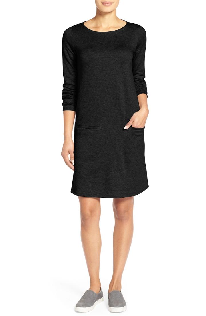 Women's Eileen Fisher Bateau Neck Shift Dress, Size - Black