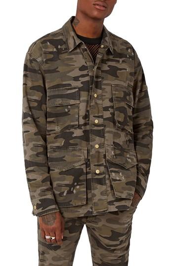 Men's Topman Aaa Collection Distressed Camo Field Jacket, Size - Green