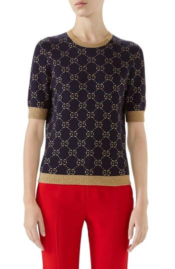 Women's Gucci Metallic Gg Sweater - Blue