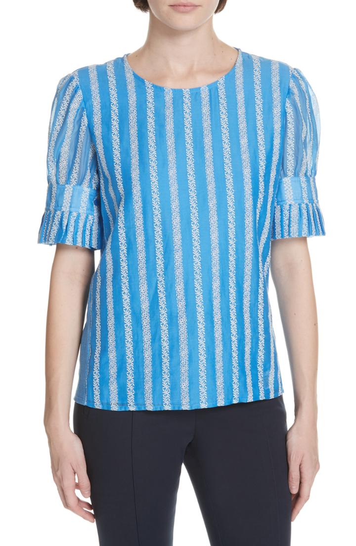 Women's Tory Burch Embroidered Detail Cotton & Silk Blouse - Blue