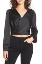 Women's Astr The Label Satin Crop Faux Wrap Top - Black