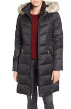Petite Women's Ellen Tracy Faux Fur Trim Matte Satin Down Coat, Size P - Black