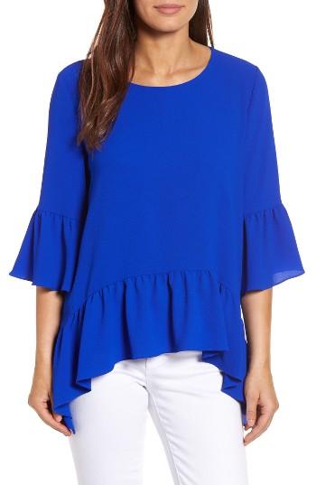 Petite Women's Gibson Ruffled Handkerchief Hem Top, Size P - Blue