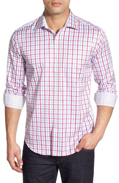 Men's Bugatchi Classic Fit Grid Print Sport Shirt, Size - Blue