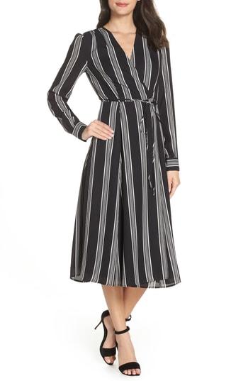 Women's Charles Henry Stripe Tie Waist Midi Dress, Size - Black