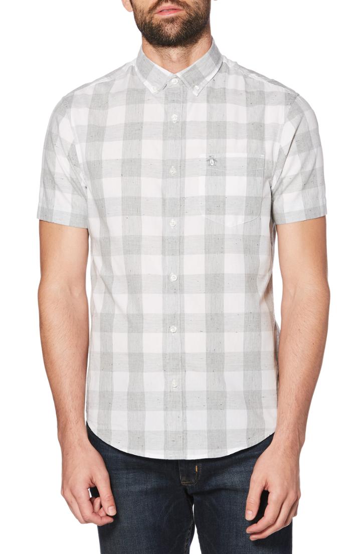 Men's Original Penguin Heather Buffalo Plaid Woven Shirt - Grey