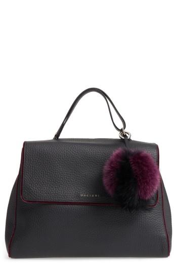 Orciani Large Sveva Soft Leather Top Handle Satchel With Genuine Fur Bag Charm -