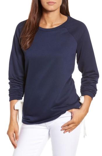 Petite Women's Caslon Tie Ruched Sleeve Sweatshirt, Size P - Blue