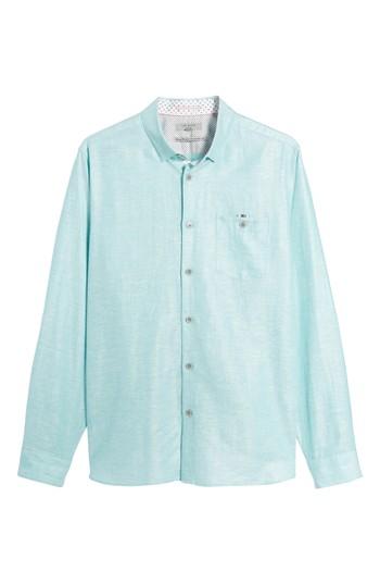Men's Ted Baker London Linlins Herringbone Cotton & Linen Sport Shirt (s) - Green