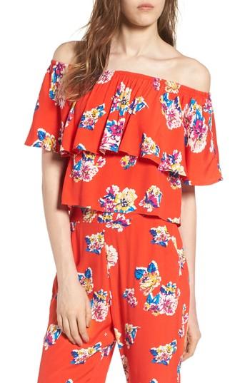 Women's Bp. Print Ruffle Off The Shoulder Top, Size - Red