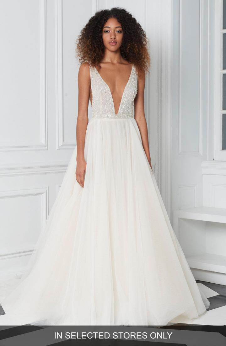 Women's Bliss Monique Lhuillier Beaded Plunge Neck Ballgown, Size - Ivory