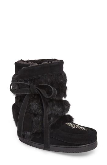 Women's Manitobah Mukluks Beaded Short Wrap Genuine Rabbit Fur & Shearling Boot M - Black