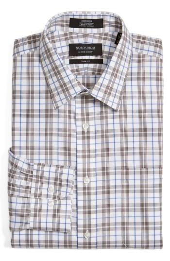 Men's Nordstrom Men's Shop Trim Fit Non-iron Check Dress Shirt - 34/35 - Brown