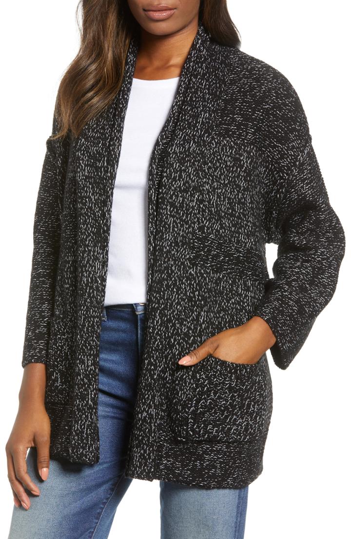 Women's Caslon Open Texture Stripe Cotton Blend Cardigan - Black