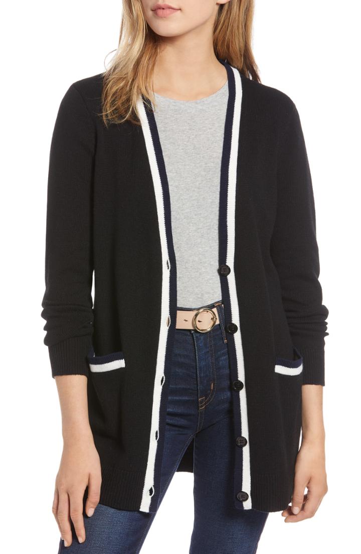 Petite Women's 1901 Varsity Stripe Long Cardigan, Size P - Black