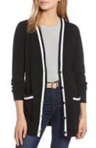 Petite Women's 1901 Varsity Stripe Long Cardigan, Size P - Black