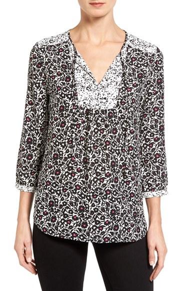 Petite Women's Nydj 'patchwork Mosaic' Print Split Neck Blouse, Size P - Black