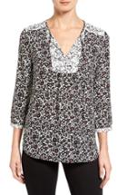 Petite Women's Nydj 'patchwork Mosaic' Print Split Neck Blouse, Size P - Black