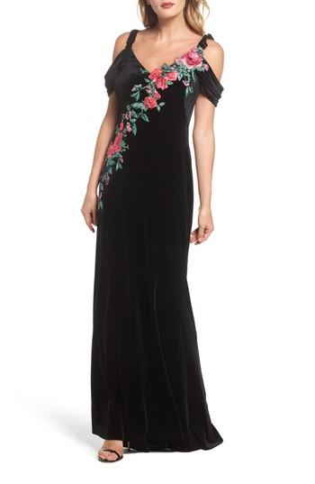 Women's Tadashi Shoji Embroidered Cold Shoulder Velvet Gown