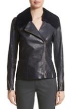 Women's Lafayette 148 New York Kimbry Leather Jacket With Removable Genuine Rex Rabbit Fur Collar - Blue
